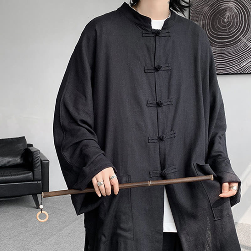 2Pcs Men's Long Sleeve Frog-Button Shirt Pants Meditation Zen Cotton Clothing Set