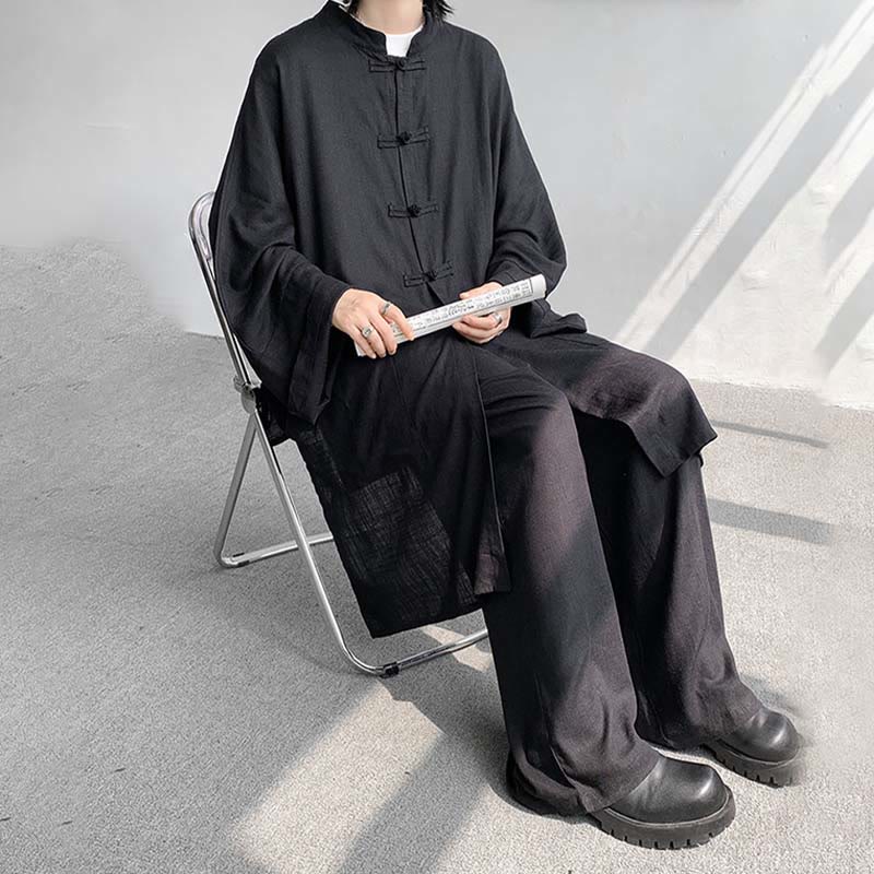 2Pcs Men's Long Sleeve Frog-Button Shirt Pants Meditation Zen Cotton Clothing Set
