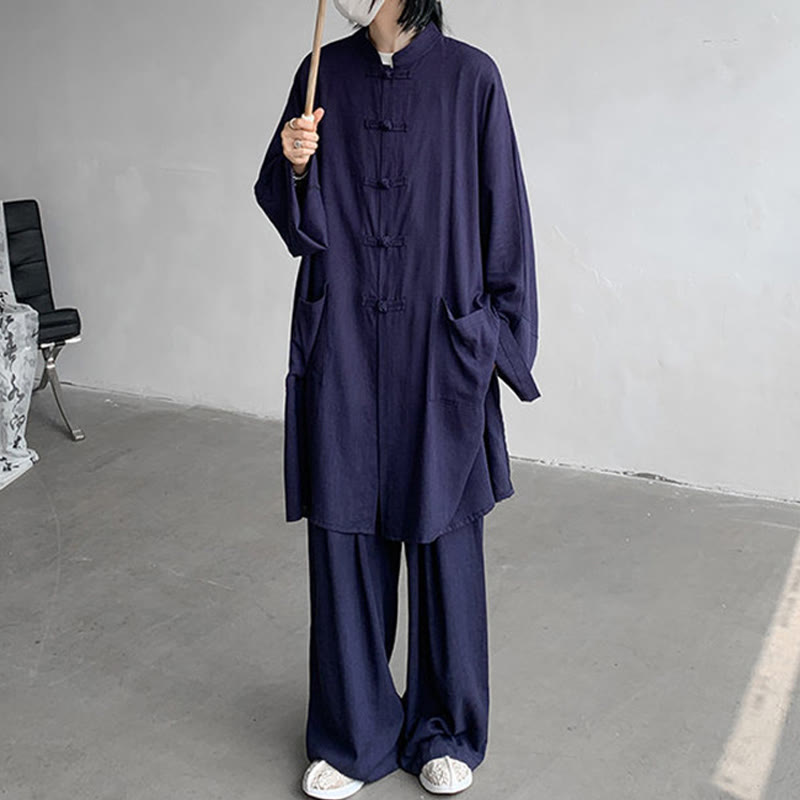 2Pcs Men's Long Sleeve Frog-Button Shirt Pants Meditation Zen Cotton Clothing Set