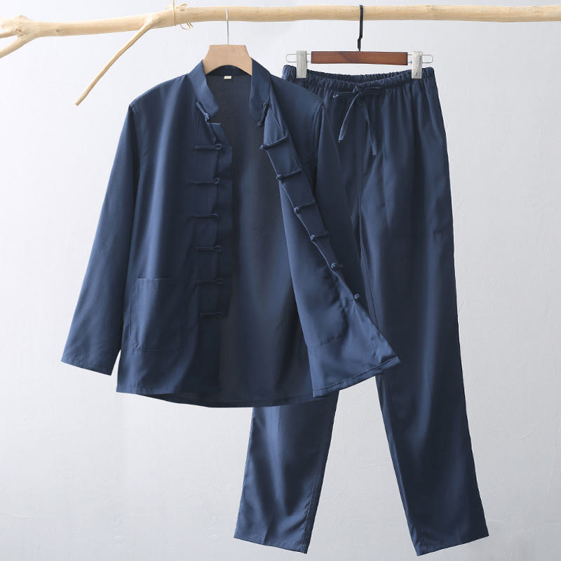 2Pcs Tang Suit Traditional Frog-Button Men's Long Sleeve Shirt Pants Clothing Set