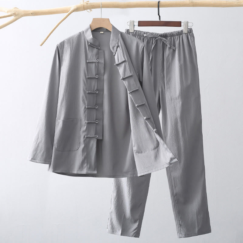 2Pcs Tang Suit Traditional Frog-Button Men's Long Sleeve Shirt Pants Clothing Set