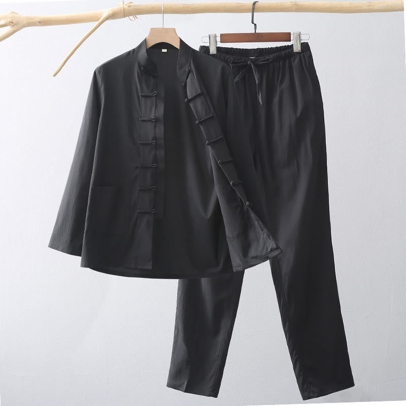2Pcs Tang Suit Traditional Frog-Button Men's Long Sleeve Shirt Pants Clothing Set
