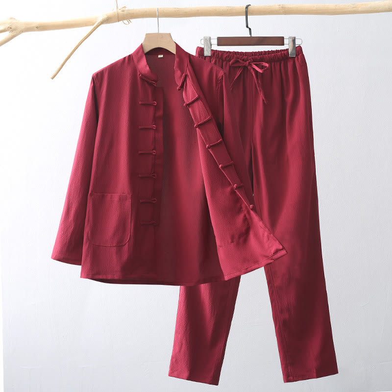 2Pcs Tang Suit Traditional Frog-Button Men's Long Sleeve Shirt Pants Clothing Set