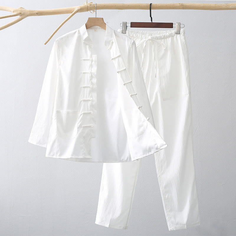 2Pcs Tang Suit Traditional Frog-Button Men's Long Sleeve Shirt Pants Clothing Set