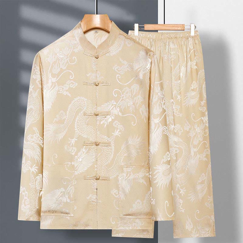 2Pcs Tang Suit Dragon Frog-Button Men's Long Sleeve Shirt Pants Clothing Set