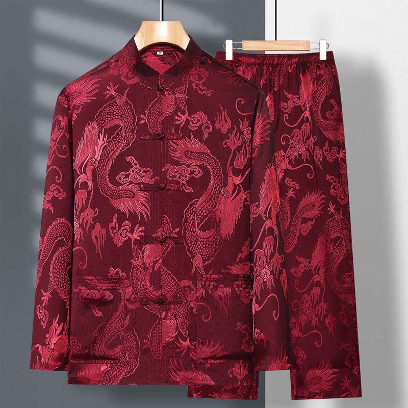 2Pcs Tang Suit Dragon Frog-Button Men's Long Sleeve Shirt Pants Clothing Set