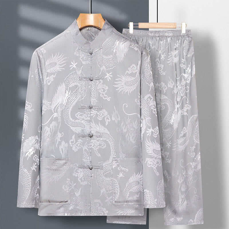 2Pcs Tang Suit Dragon Frog-Button Men's Long Sleeve Shirt Pants Clothing Set
