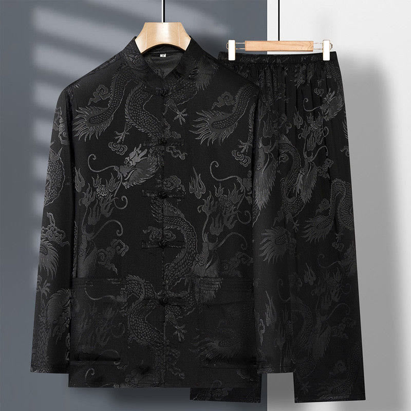 2Pcs Tang Suit Dragon Frog-Button Men's Long Sleeve Shirt Pants Clothing Set