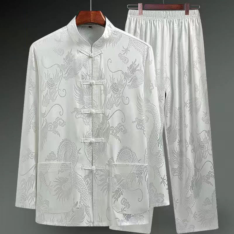 2Pcs Tang Suit Dragon Frog-Button Men's Long Sleeve Shirt Pants Clothing Set
