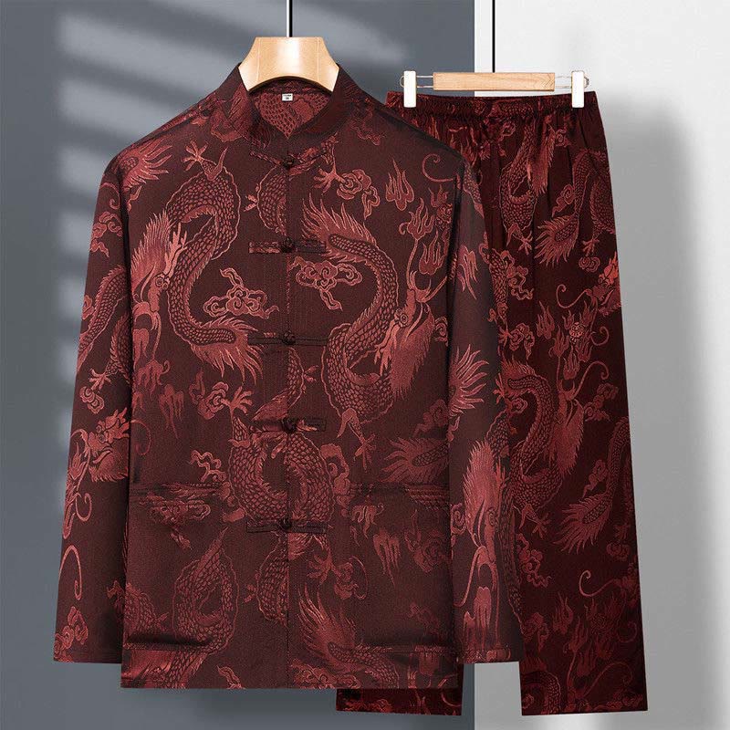 2Pcs Tang Suit Dragon Frog-Button Men's Long Sleeve Shirt Pants Clothing Set
