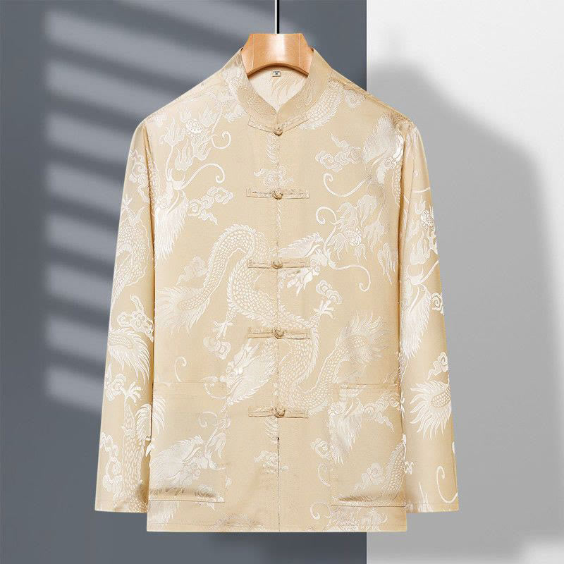 2Pcs Tang Suit Dragon Frog-Button Men's Long Sleeve Shirt Pants Clothing Set