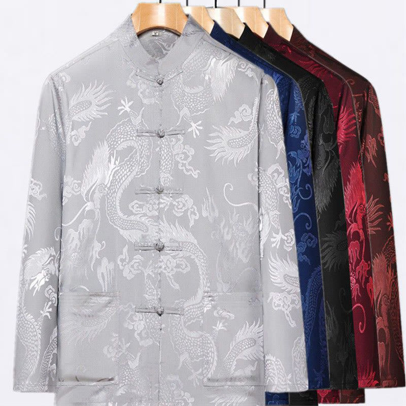 2Pcs Tang Suit Dragon Frog-Button Men's Long Sleeve Shirt Pants Clothing Set