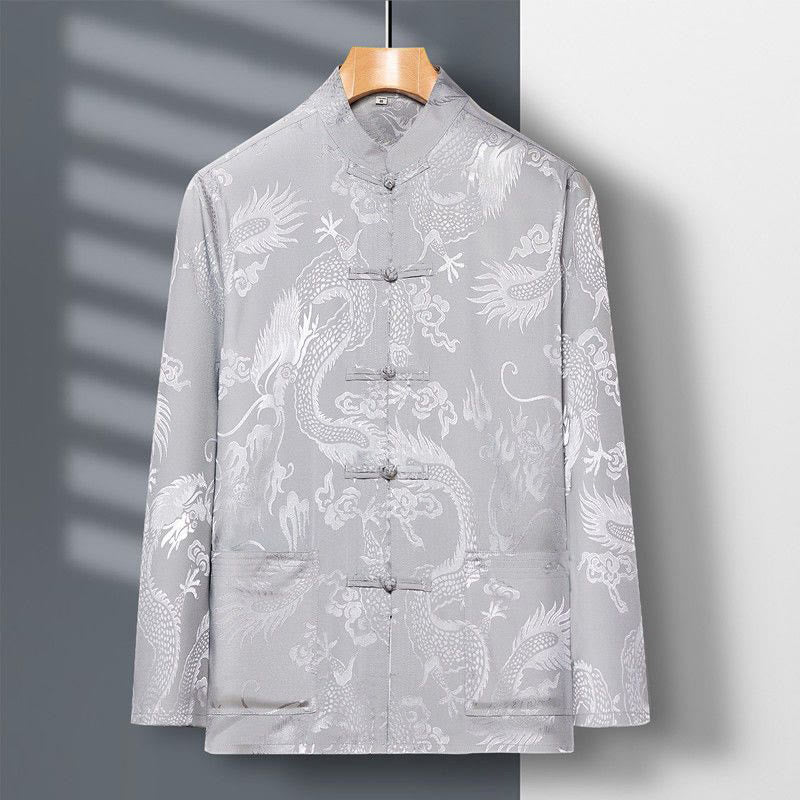 2Pcs Tang Suit Dragon Frog-Button Men's Long Sleeve Shirt Pants Clothing Set