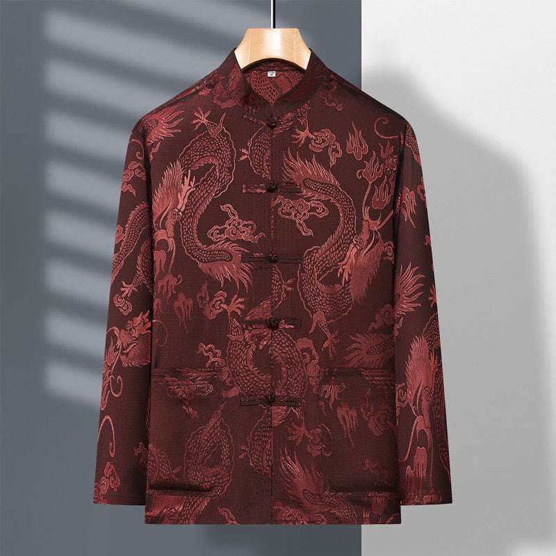 2Pcs Tang Suit Dragon Frog-Button Men's Long Sleeve Shirt Pants Clothing Set