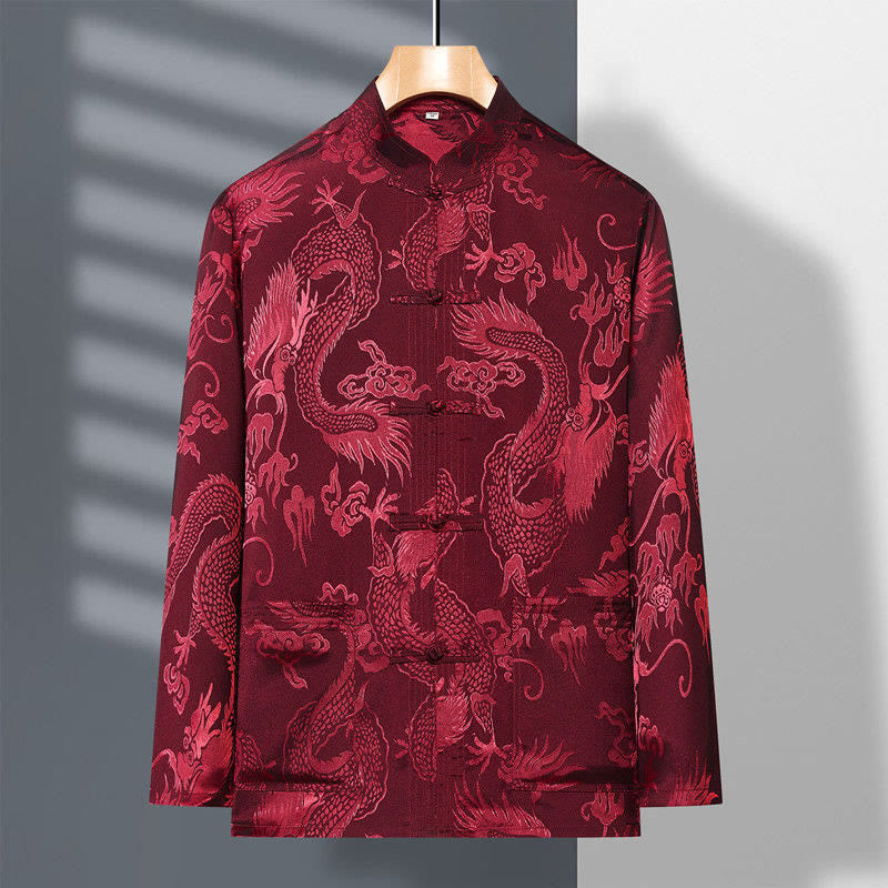 2Pcs Tang Suit Dragon Frog-Button Men's Long Sleeve Shirt Pants Clothing Set