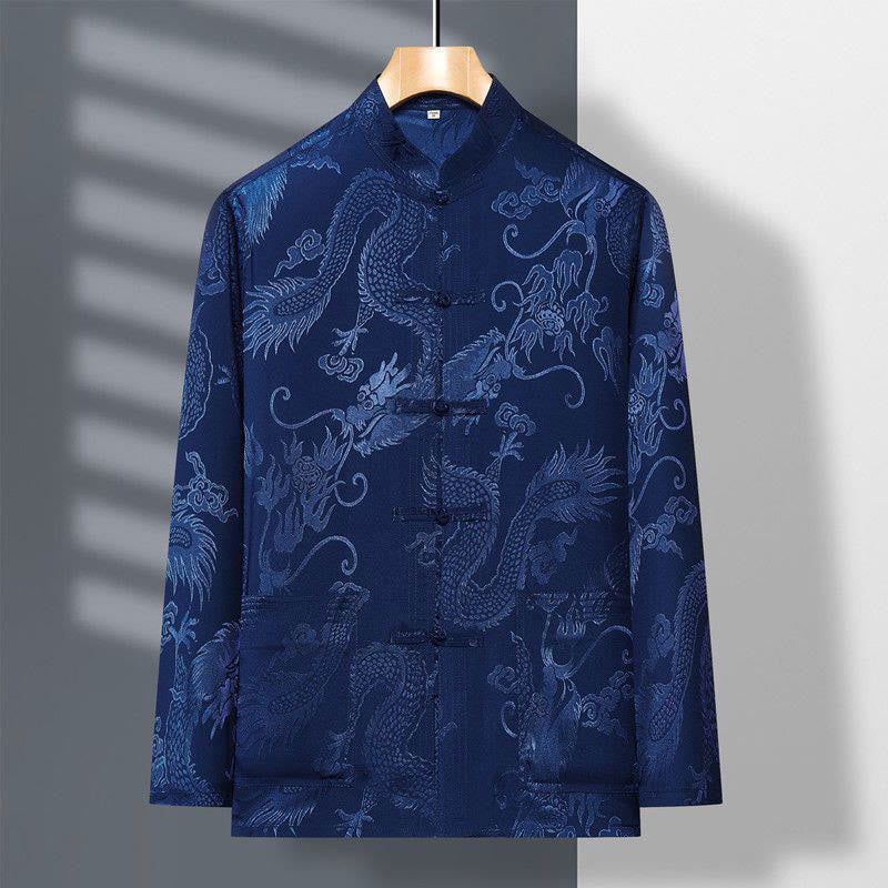 2Pcs Tang Suit Dragon Frog-Button Men's Long Sleeve Shirt Pants Clothing Set