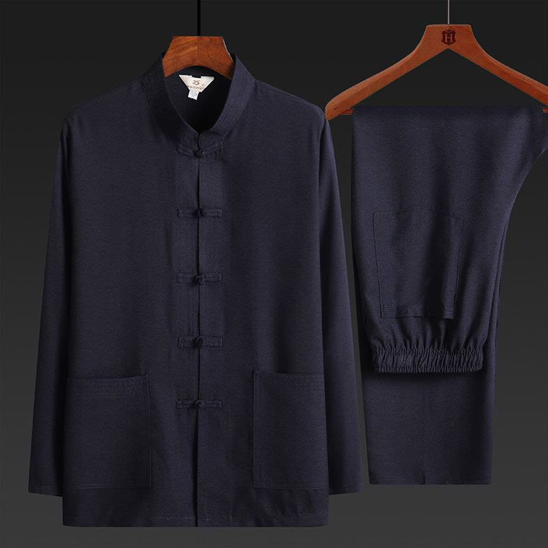 2Pcs Tang Suit Plain Color Frog-Button Men's Long Sleeve Shirt Pants Set