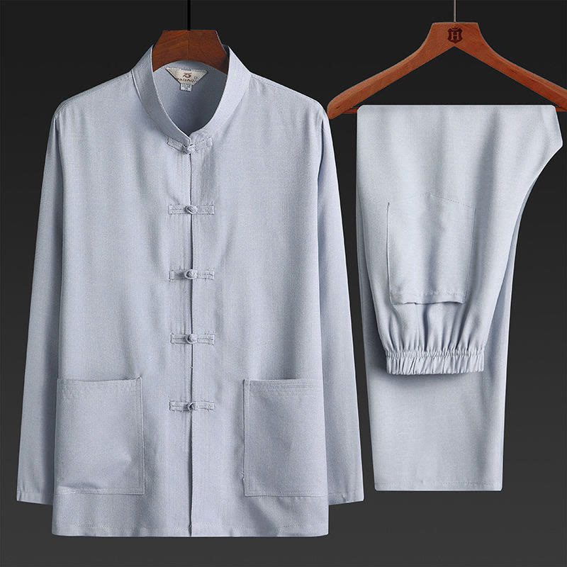2Pcs Tang Suit Plain Color Frog-Button Men's Long Sleeve Shirt Pants Set