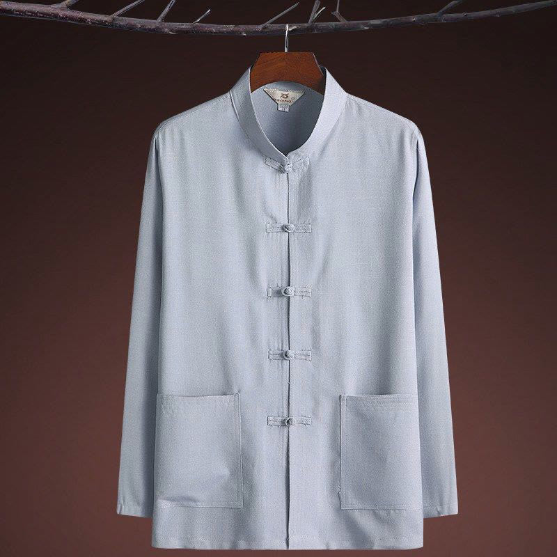 2Pcs Tang Suit Plain Color Frog-Button Men's Long Sleeve Shirt Pants Set