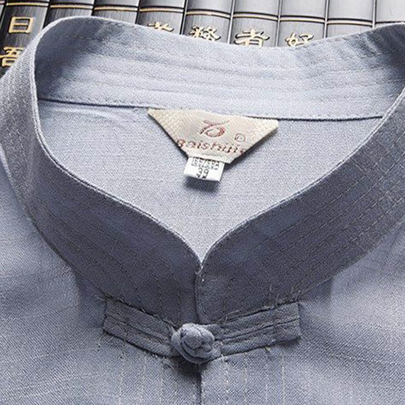 2Pcs Tang Suit Plain Color Frog-Button Men's Long Sleeve Shirt Pants Set