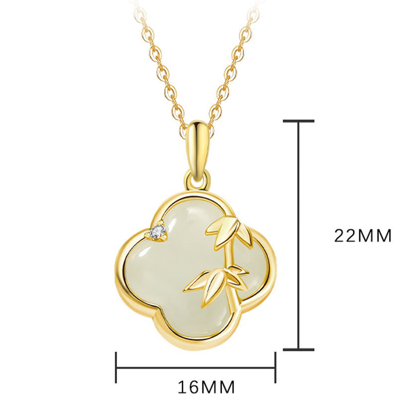 Hetian Jade 925 Sterling Silver Four Leaf Clover Bamboo Growth Necklace Pendant