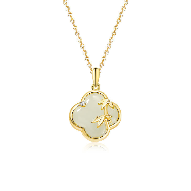 Hetian Jade 925 Sterling Silver Four Leaf Clover Bamboo Growth Necklace Pendant