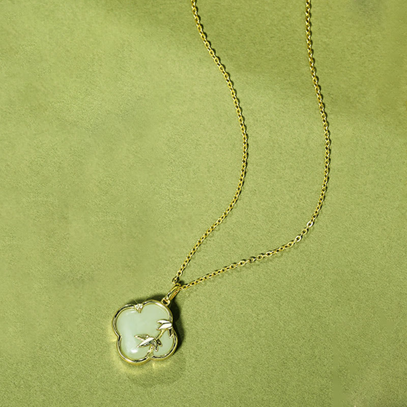 Hetian Jade 925 Sterling Silver Four Leaf Clover Bamboo Growth Necklace Pendant