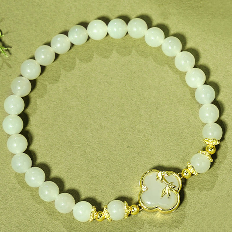 Hetian Jade 925 Sterling Silver Four Leaf Clover Bamboo Luck Bracelet