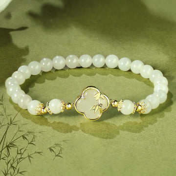 Hetian Jade 925 Sterling Silver Four Leaf Clover Bamboo Luck Bracelet