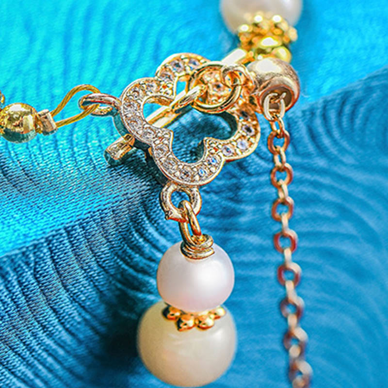 Hetian Jade Pearl Alloy Four Leaf Clover Pendent Abundance Bracelet