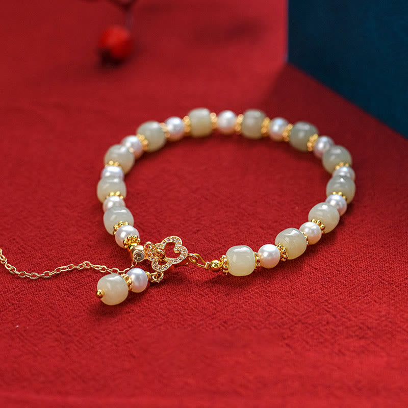 Hetian Jade Pearl Alloy Four Leaf Clover Pendent Abundance Bracelet