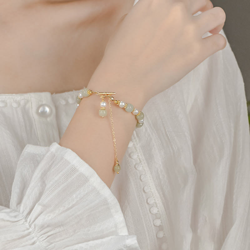 Hetian Jade Pearl Alloy Four Leaf Clover Pendent Abundance Bracelet