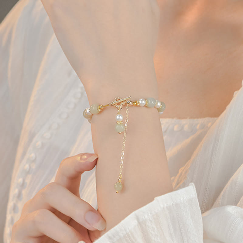 Hetian Jade Pearl Alloy Four Leaf Clover Pendent Abundance Bracelet