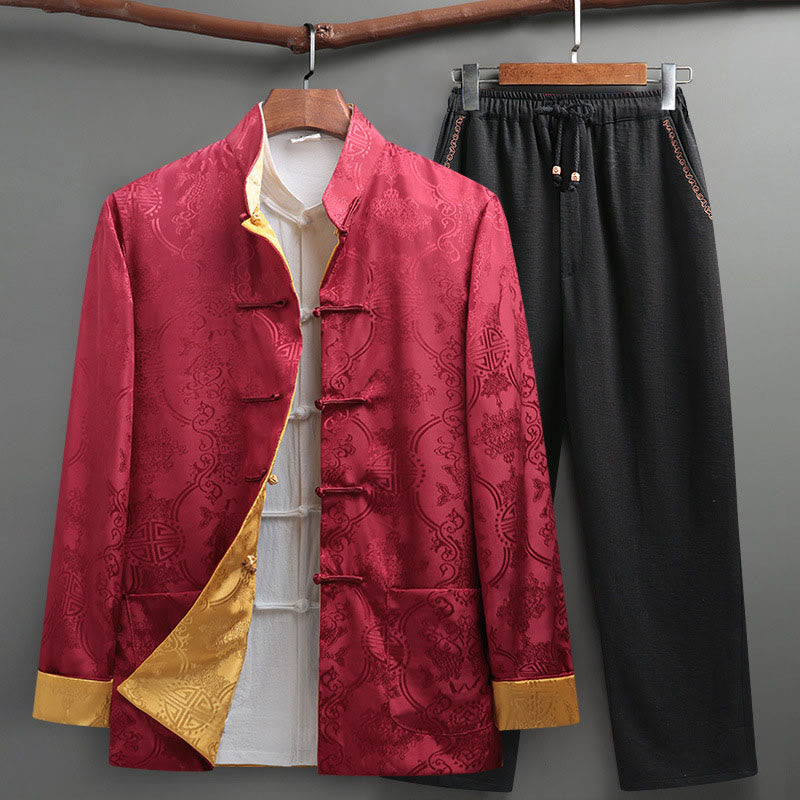 2Pcs Men's Tang Suit Koi Fish Pattern Frog-Button Long Sleeve Shirt Pants Set
