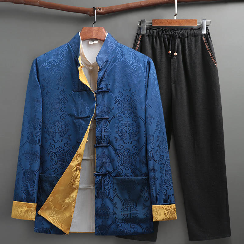 2Pcs Men's Tang Suit Koi Fish Pattern Frog-Button Long Sleeve Shirt Pants Set