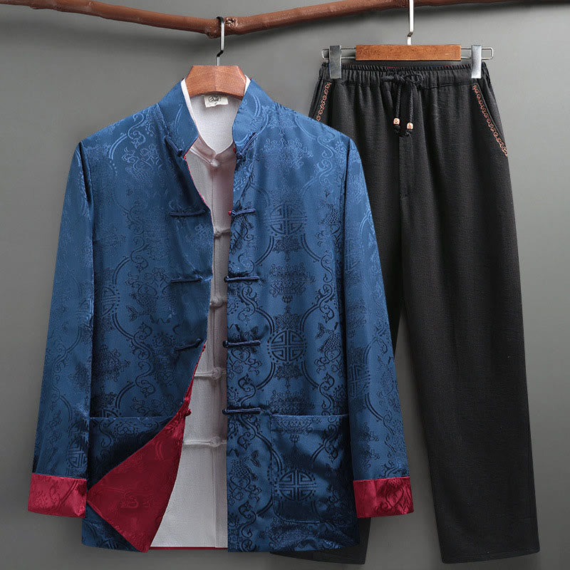 2Pcs Men's Tang Suit Koi Fish Pattern Frog-Button Long Sleeve Shirt Pants Set