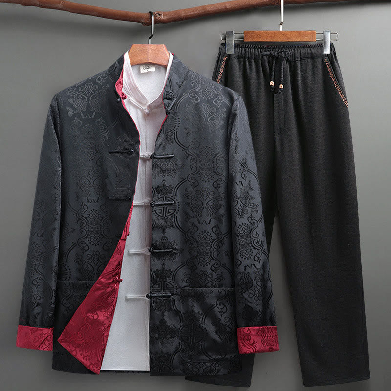 2Pcs Men's Tang Suit Koi Fish Pattern Frog-Button Long Sleeve Shirt Pants Set