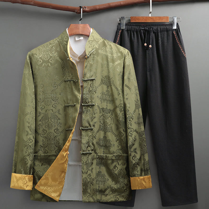 2Pcs Men's Tang Suit Koi Fish Pattern Frog-Button Long Sleeve Shirt Pants Set