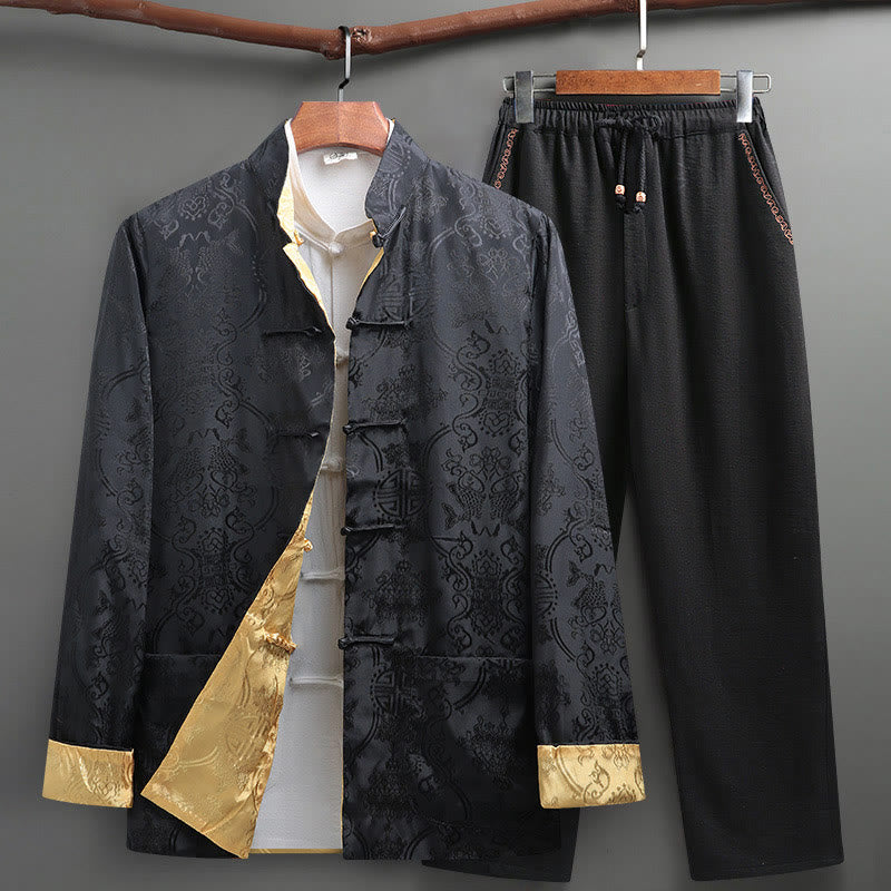 2Pcs Men's Tang Suit Koi Fish Pattern Frog-Button Long Sleeve Shirt Pants Set