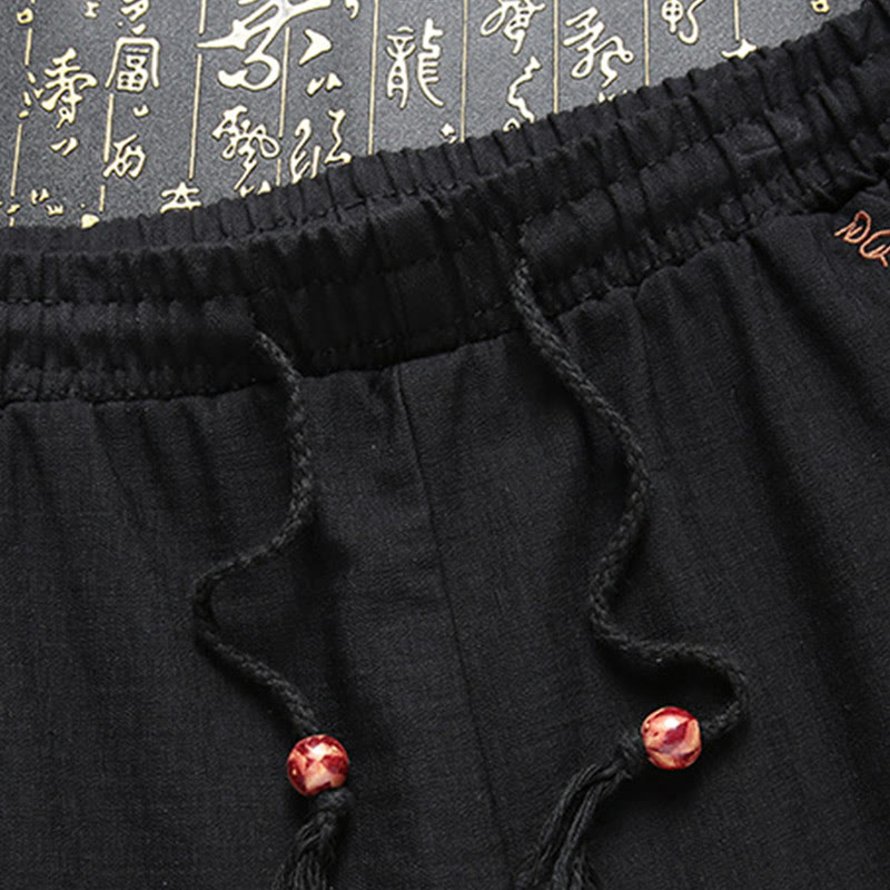 2Pcs Men's Tang Suit Koi Fish Pattern Frog-Button Long Sleeve Shirt Pants Set