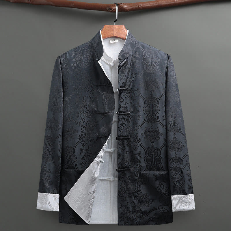 2Pcs Men's Tang Suit Koi Fish Pattern Frog-Button Long Sleeve Shirt Pants Set