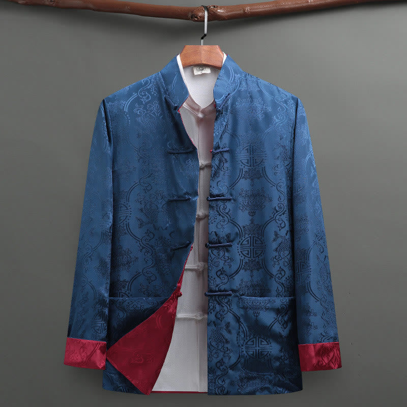 2Pcs Men's Tang Suit Koi Fish Pattern Frog-Button Long Sleeve Shirt Pants Set