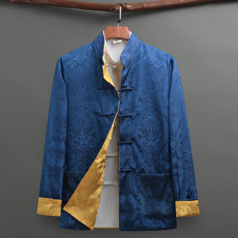 2Pcs Men's Tang Suit Koi Fish Pattern Frog-Button Long Sleeve Shirt Pants Set