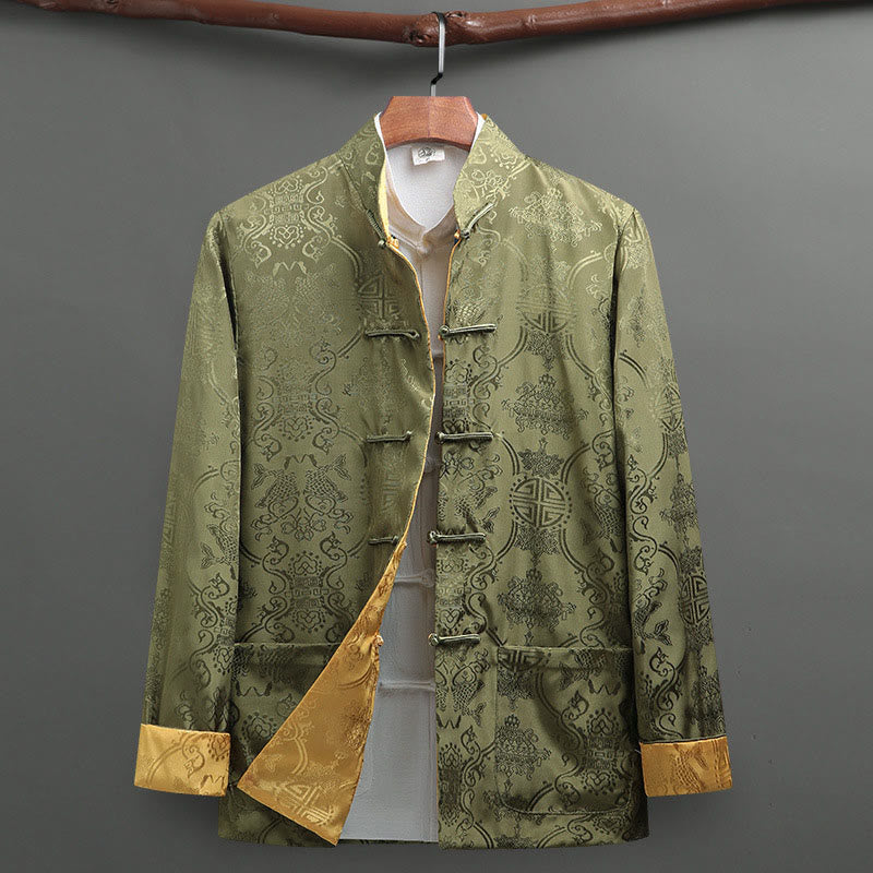 2Pcs Men's Tang Suit Koi Fish Pattern Frog-Button Long Sleeve Shirt Pants Set