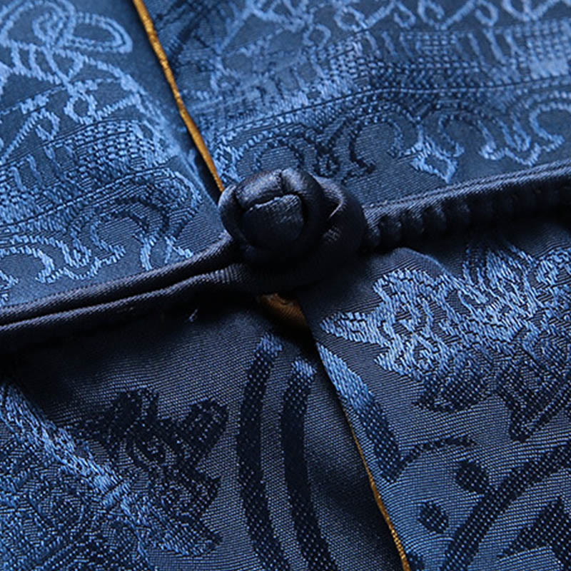 2Pcs Men's Tang Suit Koi Fish Pattern Frog-Button Long Sleeve Shirt Pants Set