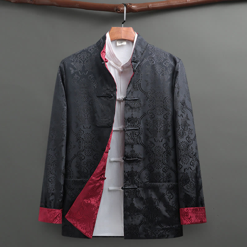 2Pcs Men's Tang Suit Koi Fish Pattern Frog-Button Long Sleeve Shirt Pants Set