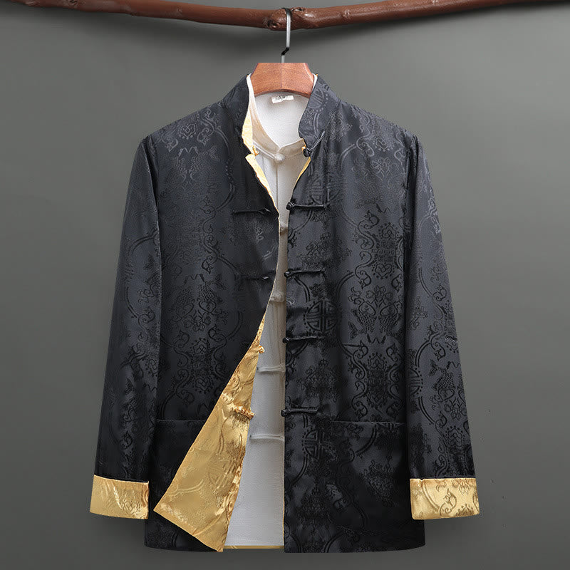 Men's Frog-Button Tang Suit Koi Fish Pattern Long Sleeve Jacket Shirt With Pockets
