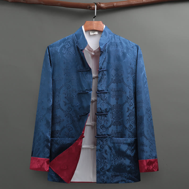 Men's Frog-Button Tang Suit Koi Fish Pattern Long Sleeve Jacket Shirt With Pockets