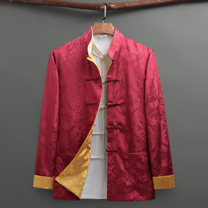 Men's Frog-Button Tang Suit Koi Fish Pattern Long Sleeve Jacket Shirt With Pockets