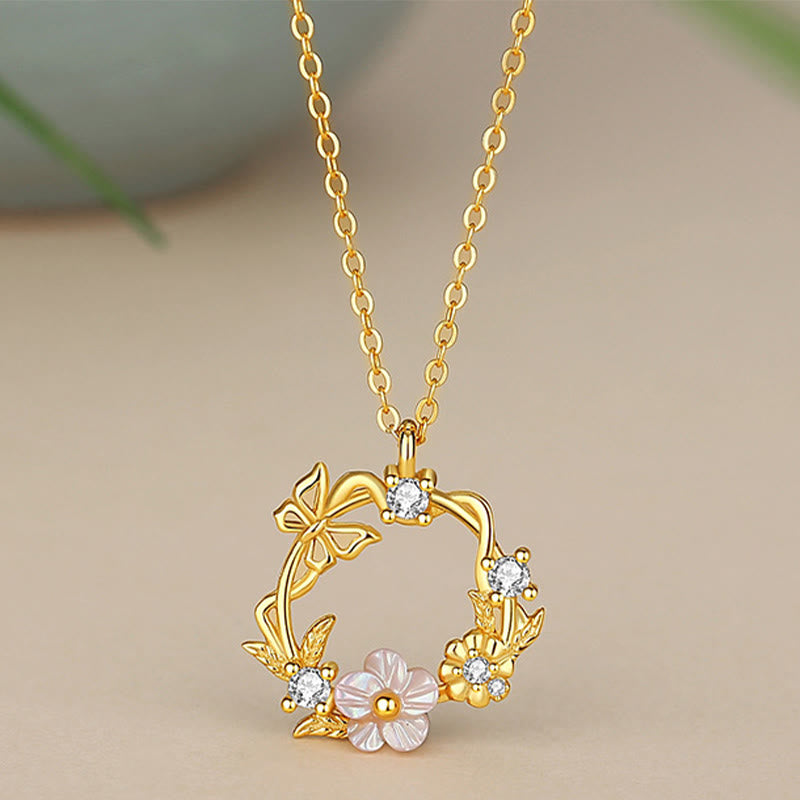 925 Sterling Silver Cubic Zirconia Shell Butterfly Peach Blossom Blessing Necklace Pendant